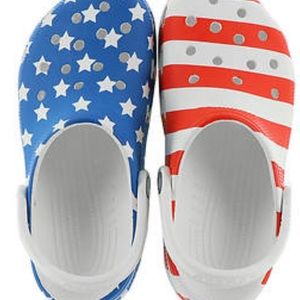 CROCS Unisex Sandal; Women size 7/Men size 5; Red, White and Blue